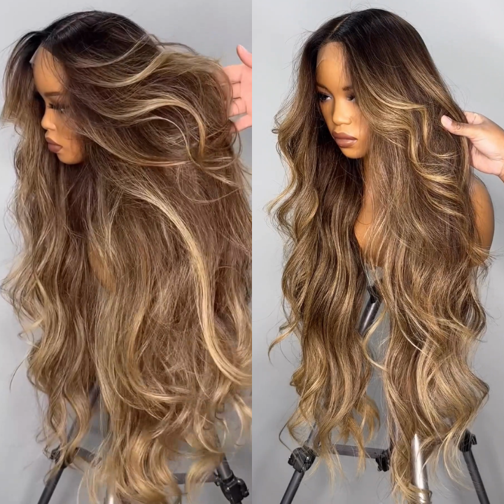 Highlight Blonde Color Long Wavy Human Hair Wigs Ombre Blonde Balayage Lace Front Wigs