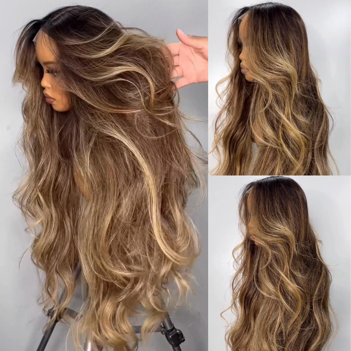 Highlight Blonde Color Long Wavy Human Hair Wigs Ombre Blonde Balayage Lace Front Wigs