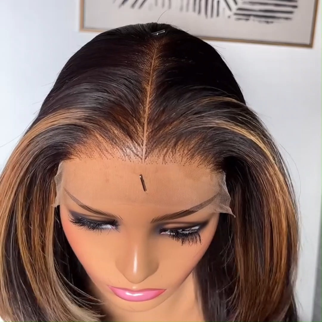 Highlight Blonde Glueless Bob Wig Short Layer Cut Straight 13x4 Lace Front Human Hair Wigs 180% Density No Code Needed