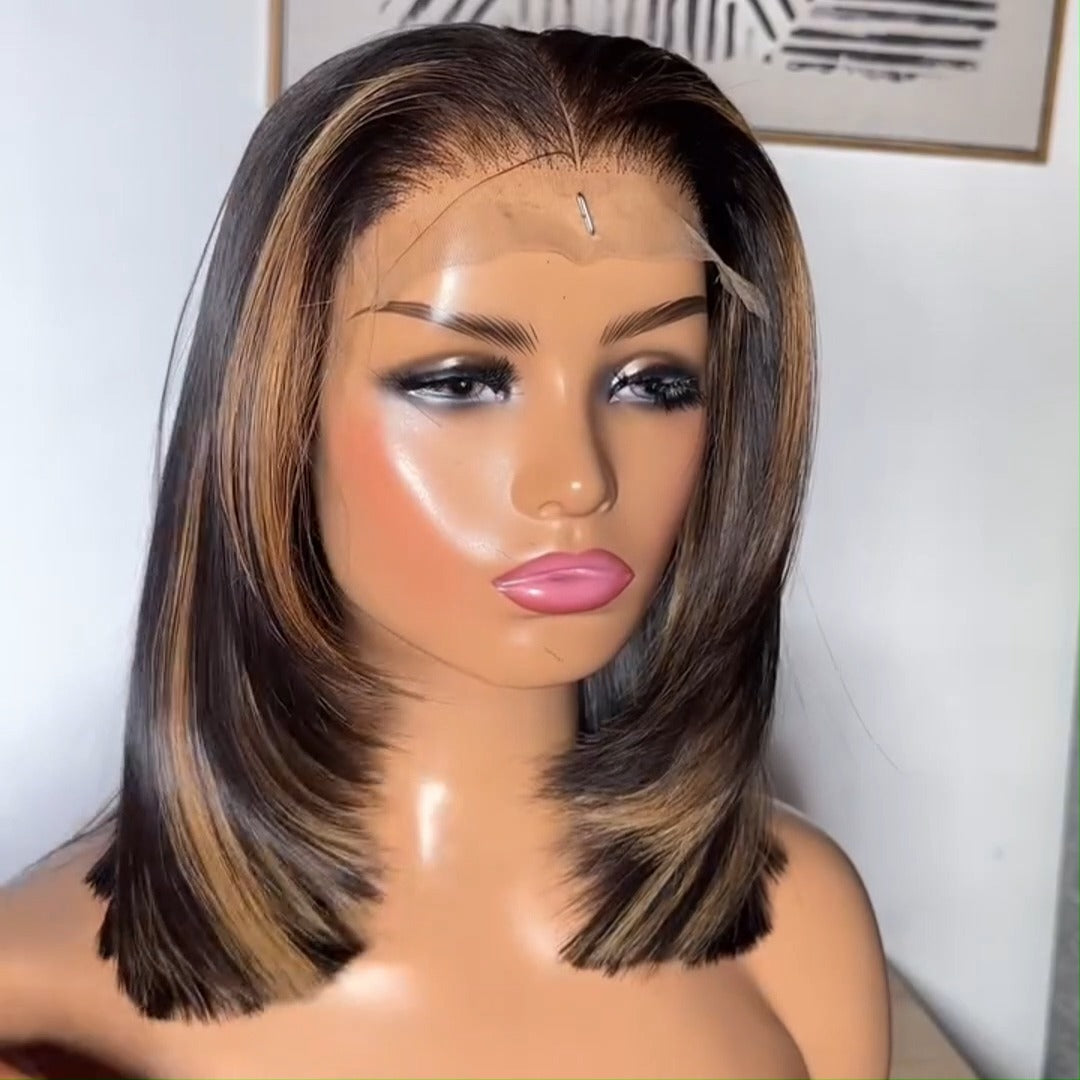 Highlight Blonde Glueless Bob Wig Short Layer Cut Straight 13x4 Lace Front Human Hair Wigs 180% Density No Code Needed