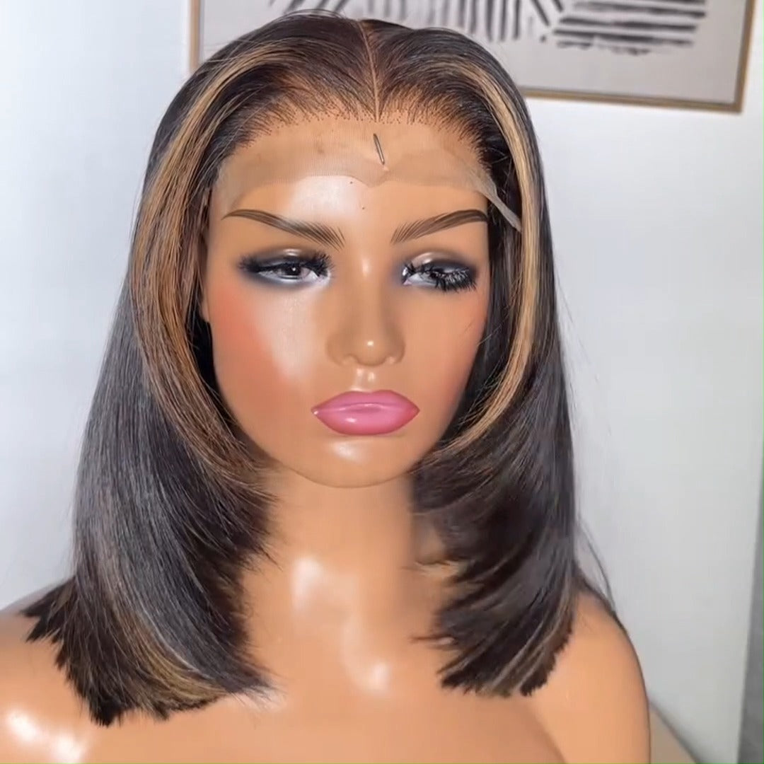 Highlight Blonde Glueless Bob Wig Short Layer Cut Straight 13x4 Lace Front Human Hair Wigs 180% Density No Code Needed