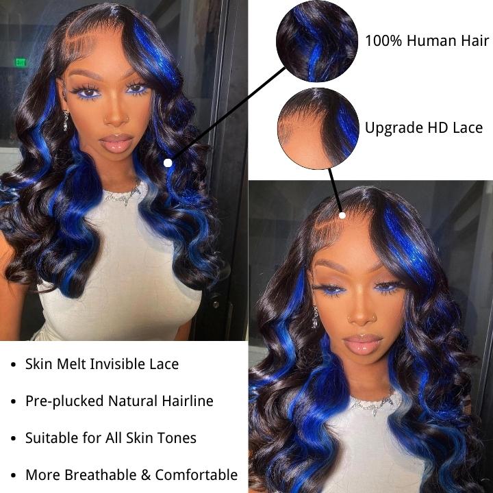 Funky Colored Wigs | Highlight Blue Body Wave Transparent Lace Front Color Wigs Glueless Human Hair Wigs For Women-Geeta Hair