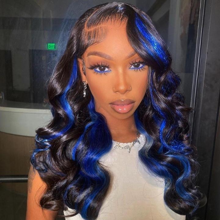 Funky Colored Wigs | Highlight Blue Body Wave Transparent Lace Front Color Wigs Glueless Human Hair Wigs For Women-Geeta Hair