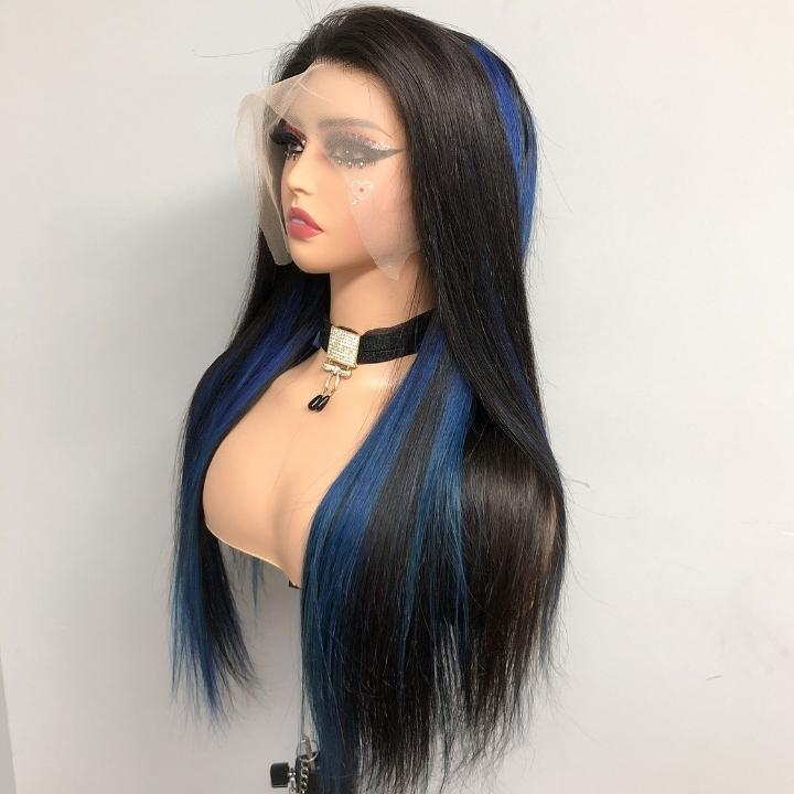 Funky Colored Wigs | Highlight Gemstone Blue Straight HD Transparent Lace Front Wig Natural look Beginner Friendly Glueless Human Hair Wigs-Geeta Hair