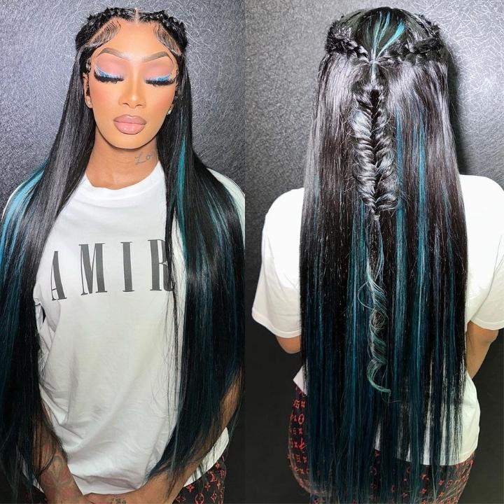 Funky Colored Wigs | Highlight Bluish Green Straight HD Transparent Lace Wig Moeny Piece Colored Natural Hairline Human Hair Wigs-Geeta Hair