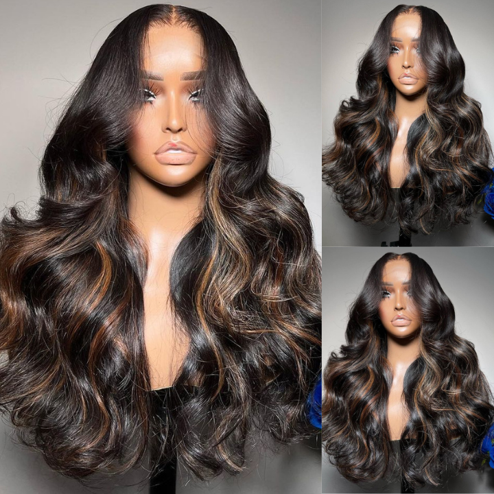 Highlight Brown 13x4 Body Wave Pre Cut HD Lace Front Wigs Glueless Highlights Color Human Hair Wigs-GeetaHair
