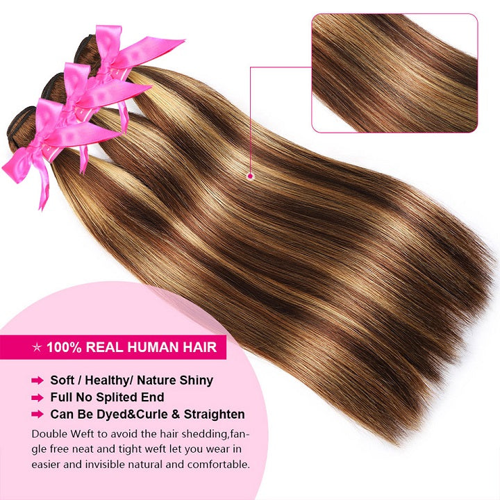 GeetaHair Highlight Brown Straight 3 Bundles With 4x4 Lace Closure Ombre Blonde 100% Real Human Hair Extensions