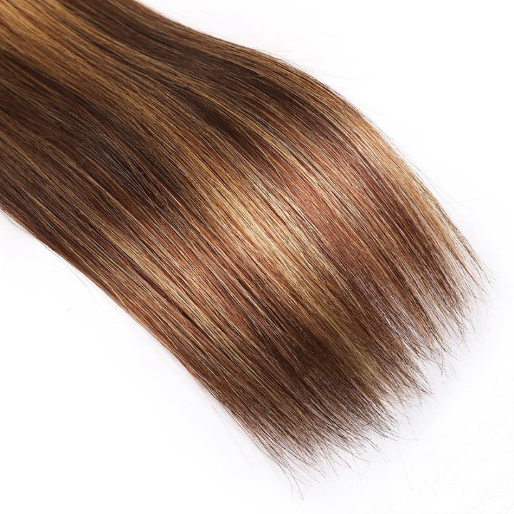 GeetaHair Highlight Brown Straight 3 Bundles With 4x4 Lace Closure Ombre Blonde 100% Real Human Hair Extensions