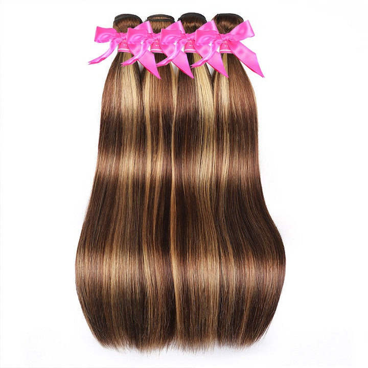 GeetaHair Highlight Brown Straight 3 Bundles With 4x4 Lace Closure Ombre Blonde 100% Real Human Hair Extensions