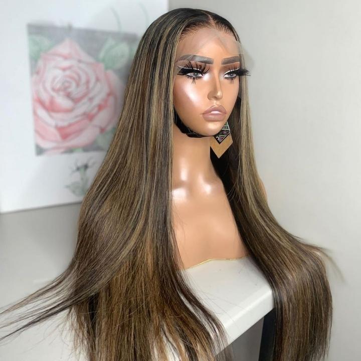 Glueless Highlight Blonde Straight/Body Wave Transparent 5x5 Lace Part Wig Brown Highlights Human Hair Wave Wigs-Geetahair