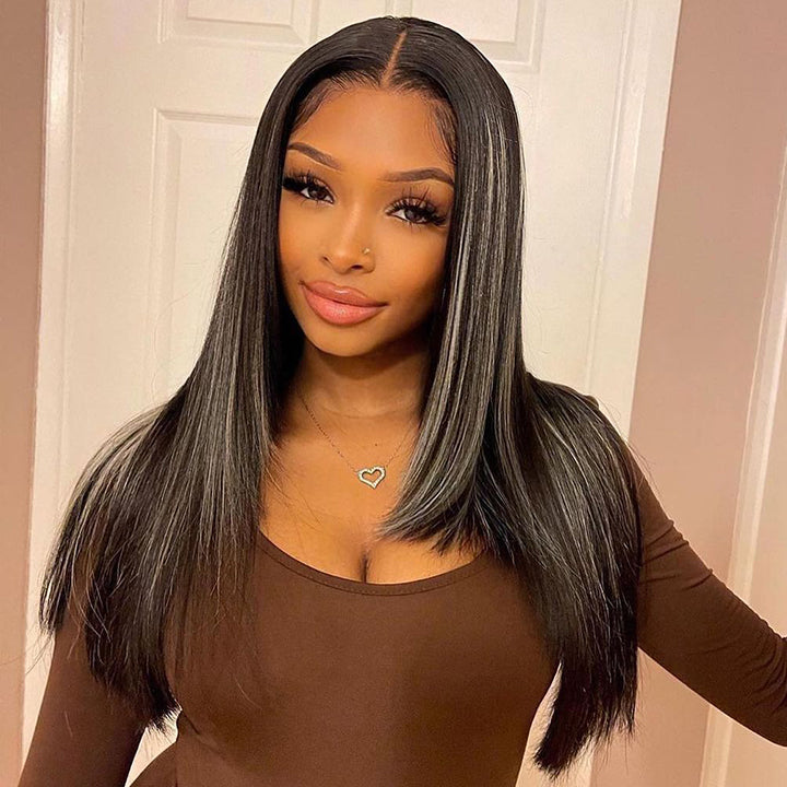 13x4/4x4 HD Lace Highlight Layered Straight Hair Wig Gray and Black Highlights Colored Butterfly Haircut Human Hair Wigs-Geeta Hair