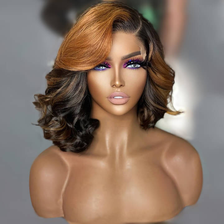 No Code Need: Brown Highlight Body Wave Transparent Lace Human Hair Bob Wigs-Geeta Hair