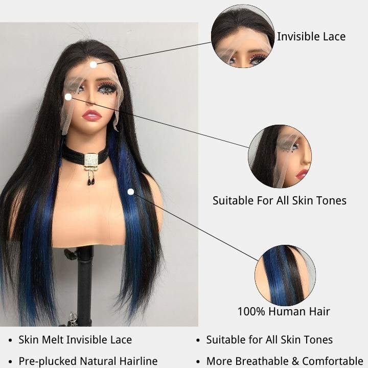 Funky Colored Wigs | Highlight Gemstone Blue Straight HD Transparent Lace Front Wig Natural look Beginner Friendly Glueless Human Hair Wigs-Geeta Hair