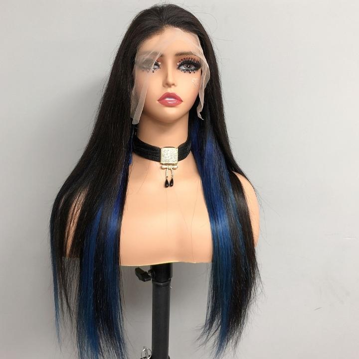 Funky Colored Wigs | Highlight Gemstone Blue Straight HD Transparent Lace Front Wig Natural look Beginner Friendly Glueless Human Hair Wigs-Geeta Hair