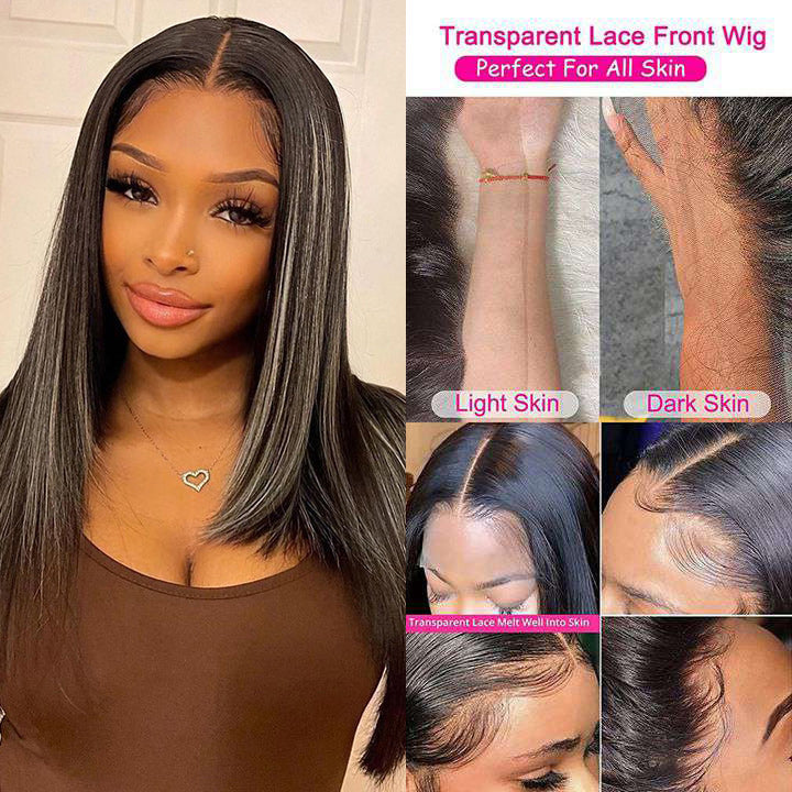 13x4/4x4 HD Lace Highlight Layered Straight Hair Wig Gray and Black Highlights Colored Butterfly Haircut Human Hair Wigs-Geeta Hair