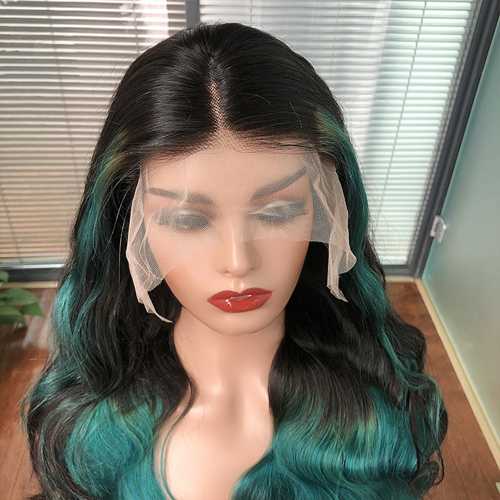 Skunk Stripe Hair Body Wave Lace Front Wig With Green Highlight HD Transparent Lace Human Hair Wigs