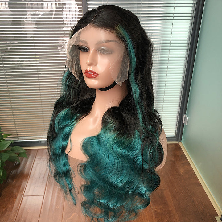 Skunk Stripe Hair Body Wave Lace Front Wig With Green Highlight HD Transparent Lace Human Hair Wigs