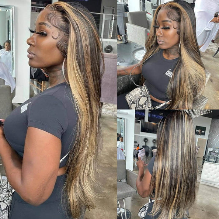 Blonde Balayage On Dark Hair Body Wave 5x5 Lace Closure Wig Highlight HD Transparent Human Hair Wigs