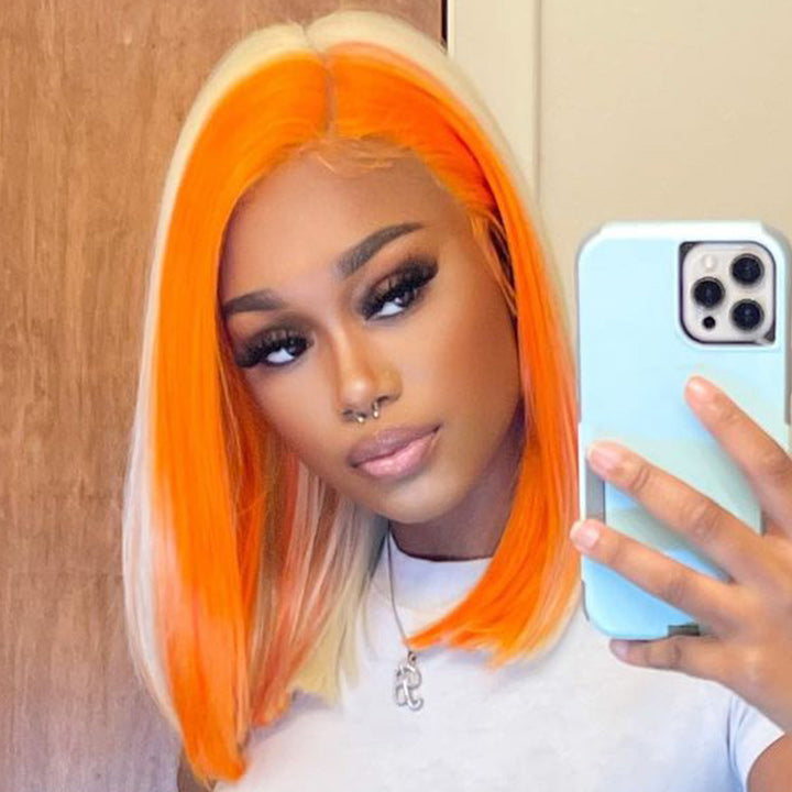 Skunk Stripe Hair Straight Lace Front Bob Wig With Orange Highlight HD Transparent Lace Human Hair Bob Wigs