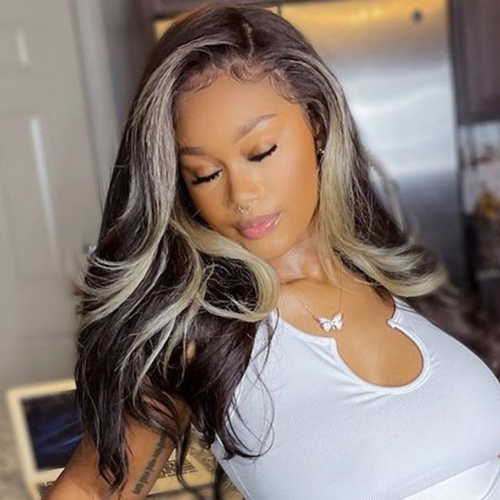 Skunk Stripe Hair Body Wave Lace Front Wig With Blonde Highlight HD Transparent Lace Human Hair Wigs