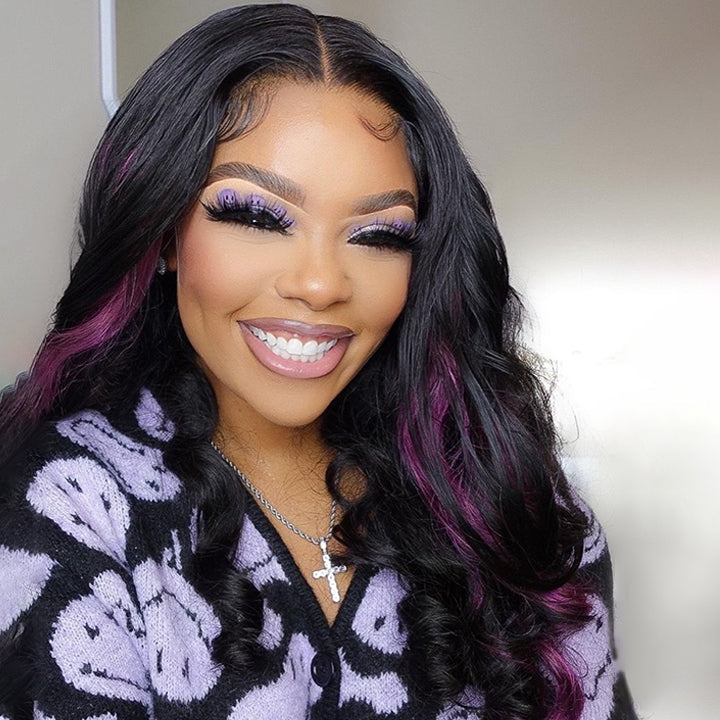 Skunk Stripe Hair Body Wave Lace Front Wig With Dark Purple Highlight HD Transparent Lace Human Hair Wigs