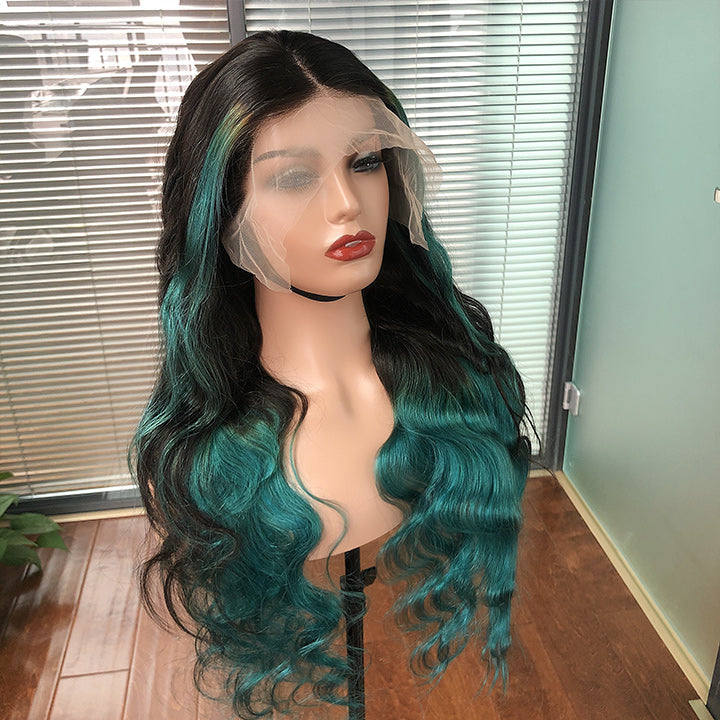 Skunk Stripe Hair Body Wave Lace Front Wig With Green Highlight HD Transparent Lace Human Hair Wigs