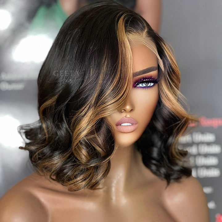 Highlight Honey Blonde Body Wavy 13x4 Lace Front Short Bob Wig Glueless Human Hair Wig-Geeta Hair
