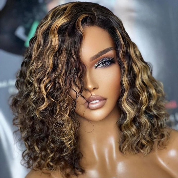 Highlight Honey Blonde Deep Curly 13x4 Lace Front Bob Wig Glueless 4x4 Lace Human Hair Wig-Geeta Hair
