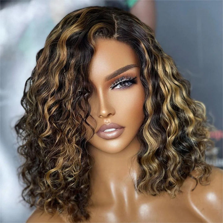 Highlight Honey Blonde Deep Curly 13x4 Lace Front Bob Wig Glueless 4x4 Lace Human Hair Wig-Geeta Hair
