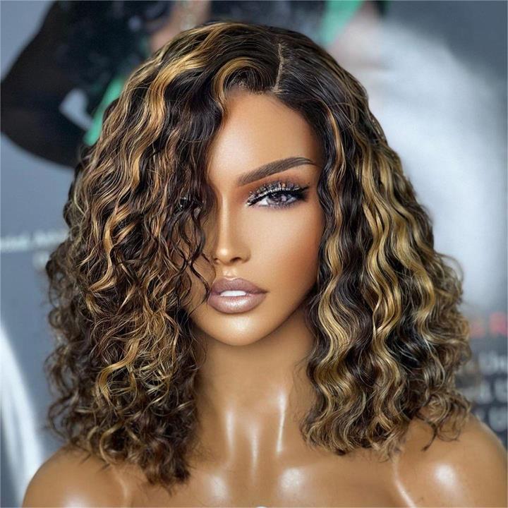 Highlight Honey Blonde Deep Curly 13x4 Lace Front Bob Wig Glueless 4x4 Lace Human Hair Wig-Geeta Hair