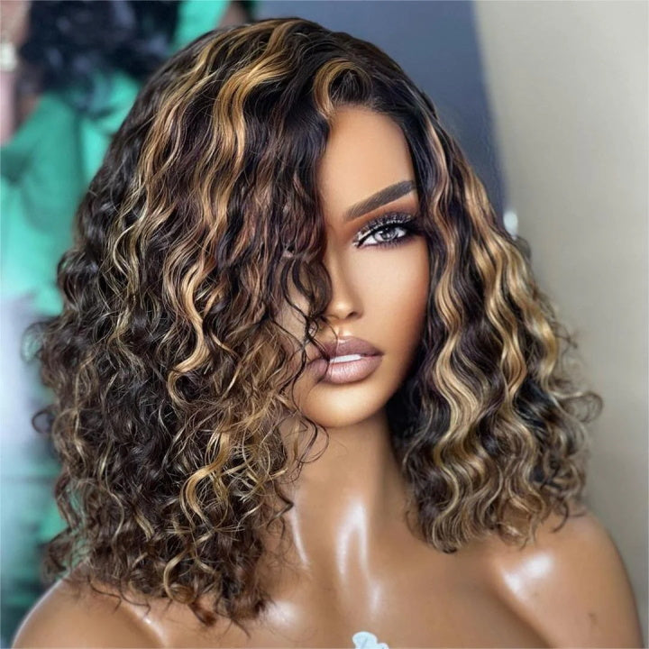 Highlight Honey Blonde Deep Curly 13x4 Lace Front Bob Wig Glueless 4x4 Lace Human Hair Wig-Geeta Hair