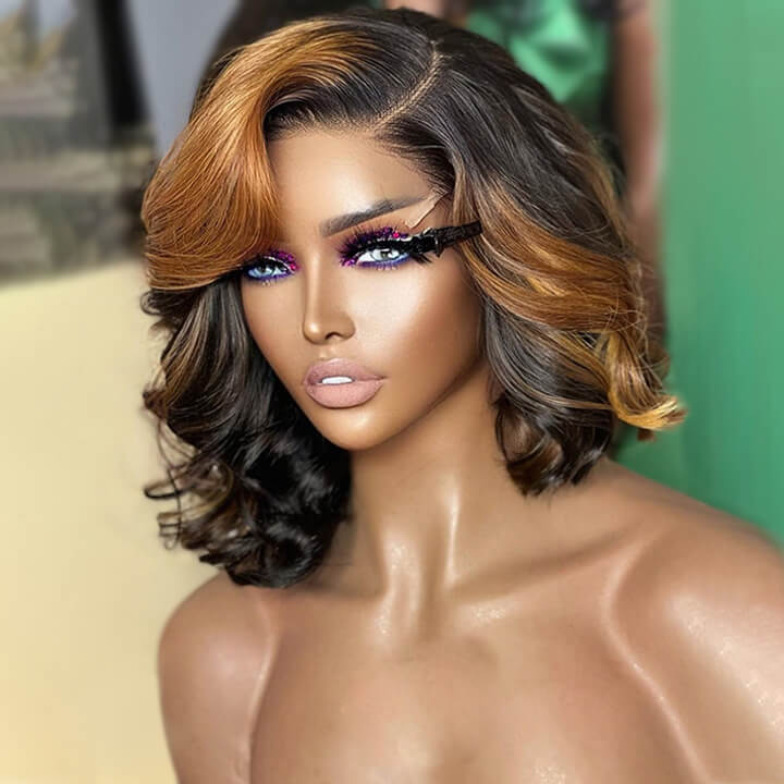 No Code Need: Brown Highlight Body Wave Transparent Lace Human Hair Bob Wigs-Geeta Hair
