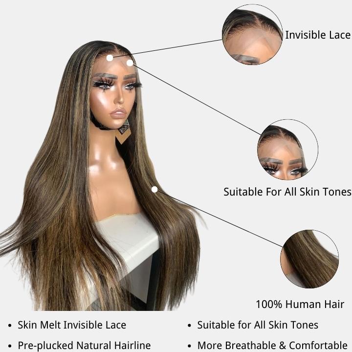 Glueless Highlight Blonde Straight/Body Wave Transparent 5x5 Lace Part Wig Brown Highlights Human Hair Wave Wigs-Geetahair