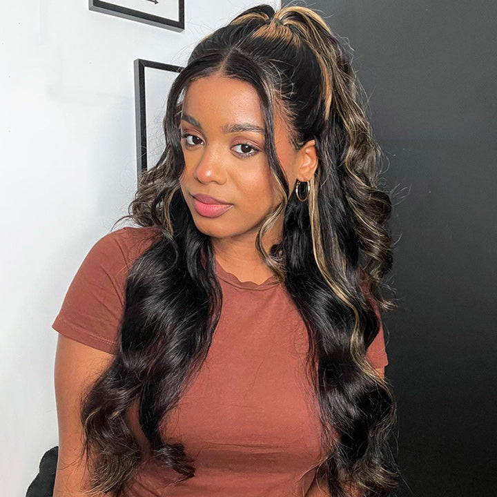Blonde Balayage On Black Hair Body Wave Lace Front Wig Highlight HD Transparent Human Hair Wigs