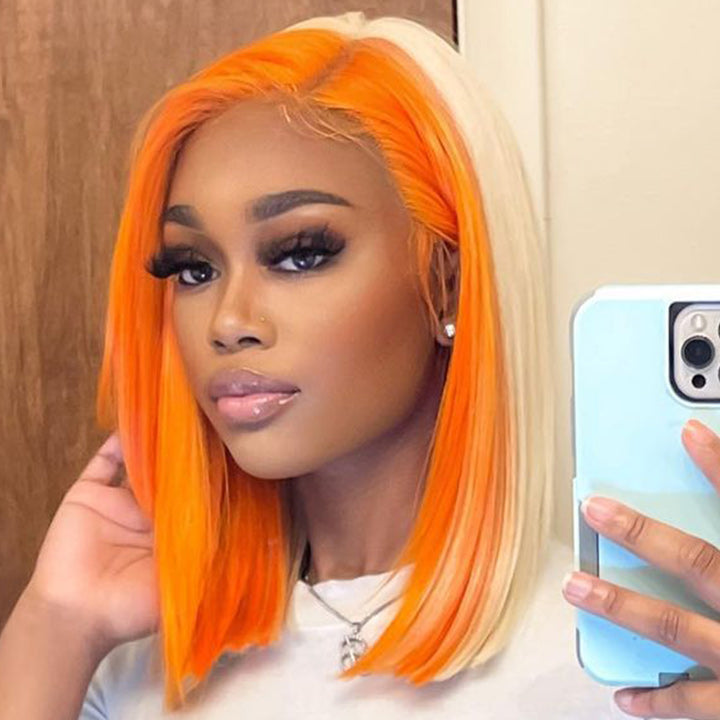 Skunk Stripe Hair Straight Lace Front Bob Wig With Orange Highlight HD Transparent Lace Human Hair Bob Wigs
