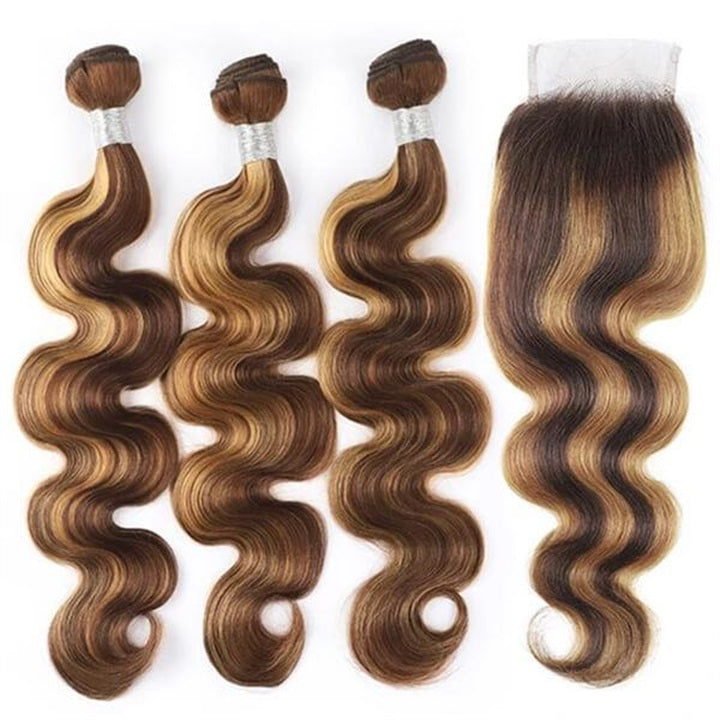 GeetaHair Highlight P4/27 Straight/Body Wave Human Hair 3 Bundles With 4x4 Lace Closure 100% Human Hair Extension Weaves