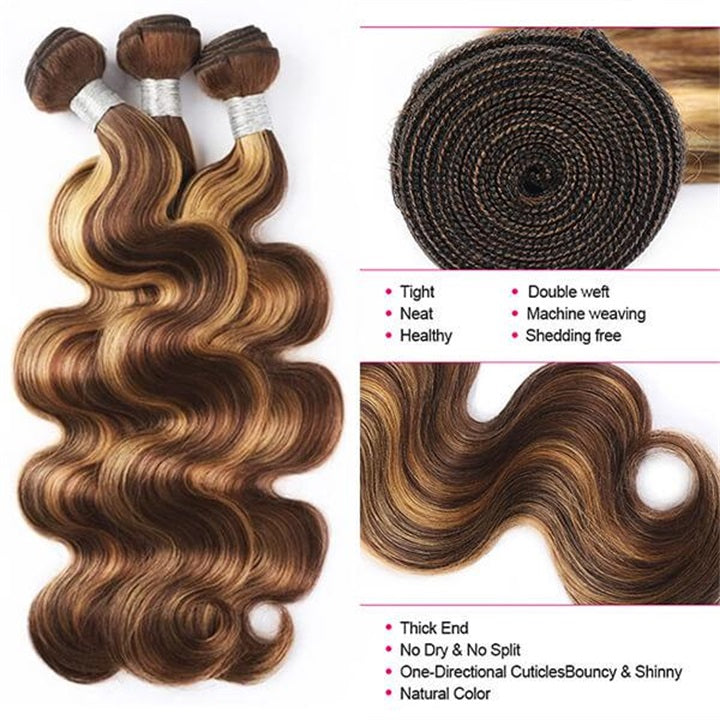 GeetaHair Highlight P4/27 Straight/Body Wave Human Hair 3 Bundles With 4x4 Lace Closure 100% Human Hair Extension Weaves