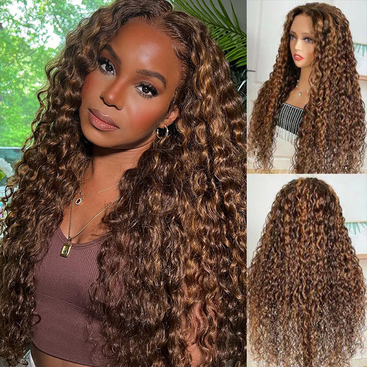 Highlight Piano Color Deep Wave Lace Front Wig Highlight Brown With Blonde Deep Curly Human Hair Wigs