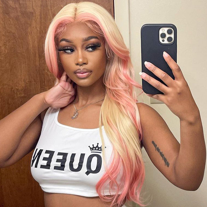 Skunk Stripe Hair Body Wave Lace Front Wig With Pink Highlight HD Transparent Lace Human Hair Wigs