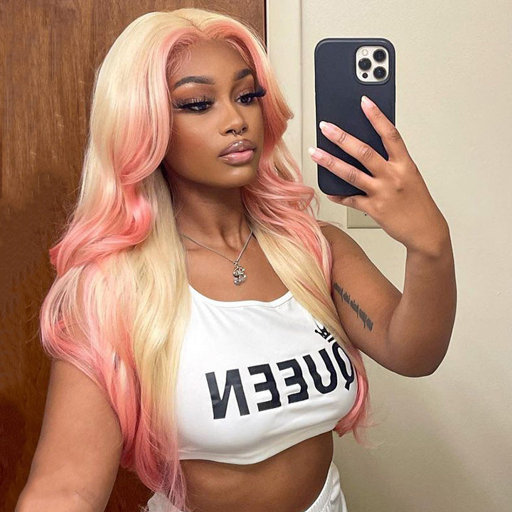 Skunk Stripe Hair Body Wave Lace Front Wig With Pink Highlight HD Transparent Lace Human Hair Wigs