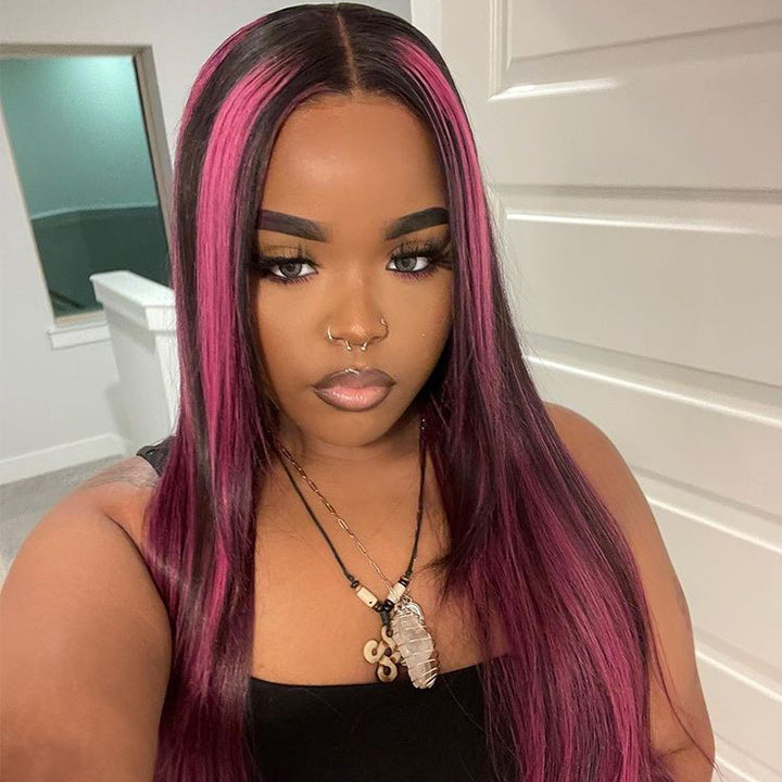 Highlight Purple Straight HD Transparent Lace Front Wig Highlights Pre Plucked Hairline Human Hair Wigs