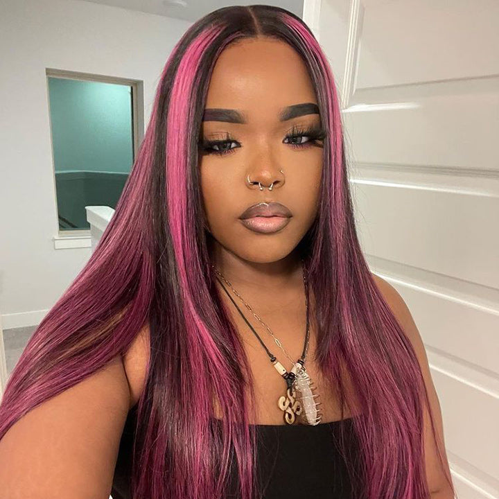 Highlight Purple Straight HD Transparent Lace Front Wig Highlights Pre Plucked Hairline Human Hair Wigs