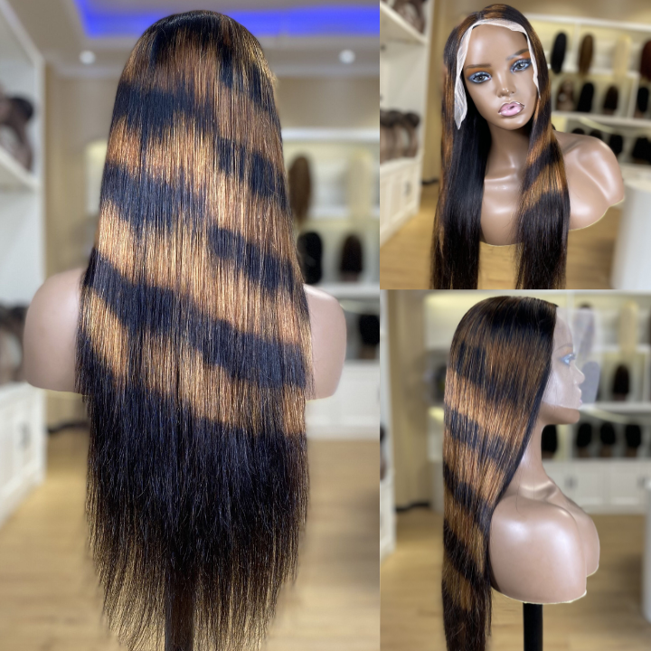 Highlight Twill Zebra Brown Long Straight Hair Glueless 4x4/13x4 HD Lace Front Human Hair Wigs- Geeta Hair