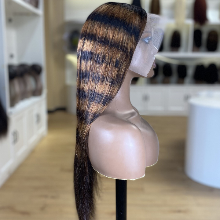 Highlight Zebra Brown Horizontal Stripe Long Straight Hair Glueless 4x4/13x4 HD Lace Front Human Hair Wigs- Geeta Hair