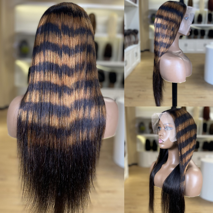 Highlight Zebra Brown Horizontal Stripe Long Straight Hair Glueless 4x4/13x4 HD Lace Front Human Hair Wigs- Geeta Hair