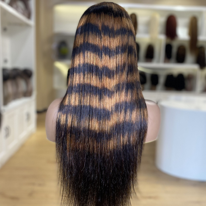 Highlight Zebra Brown Horizontal Stripe Long Straight Hair Glueless 4x4/13x4 HD Lace Front Human Hair Wigs- Geeta Hair
