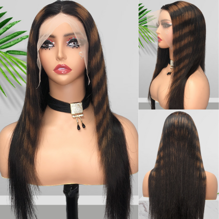 Highlight Zebra Brown Long Straight Hair Glueless 4x4/13x4 HD Lace Front Human Hair Wigs- Geeta Hair