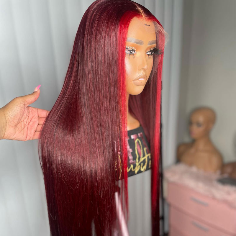 Highlight Ombre Straight Hair 99j Human Hair Wig HD Lace Font Wig Pre Plucked Natural Hairline-Geetahair