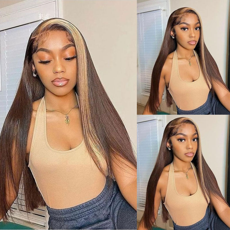 Straight Hair Skunk Stripe Wig 13x4 HD Lace Brown Hair With Honey Blonde Streaks Highlight Wigs Brazilian Human Hair Lace Front Wigs-GeetaHair