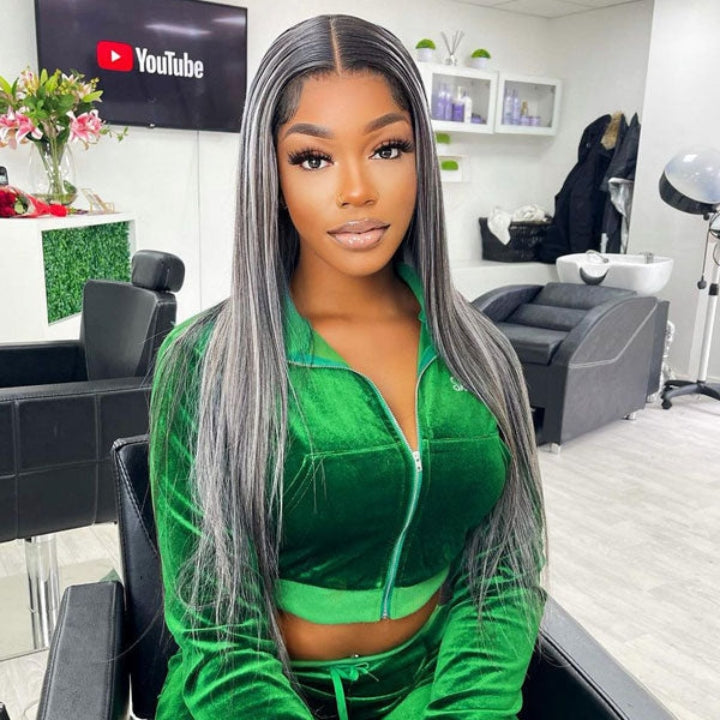 Platinum Gray Highlight 13x4 HD Lace Wig Straight Hair Black With Blond Highlights Lace Front Wig Plucked Natural Hairline With Baby Hair-Geeta Hair